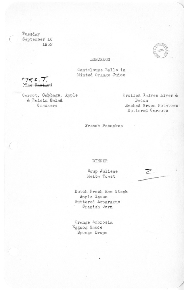 White House Luncheon and Dinner Menu