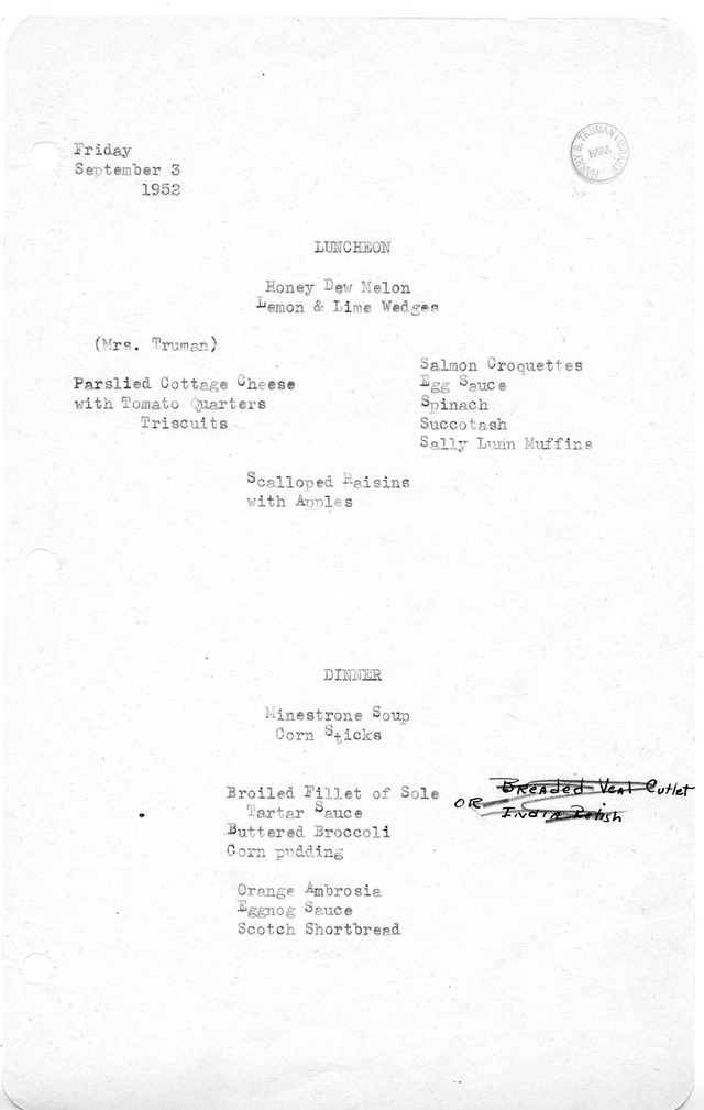 White House Luncheon and Dinner Menu