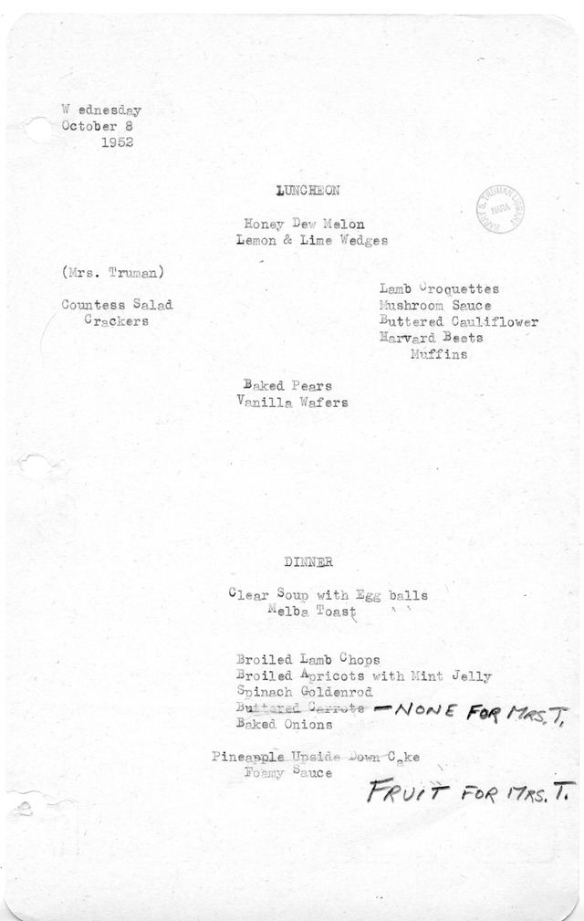White House Luncheon and Dinner Menu