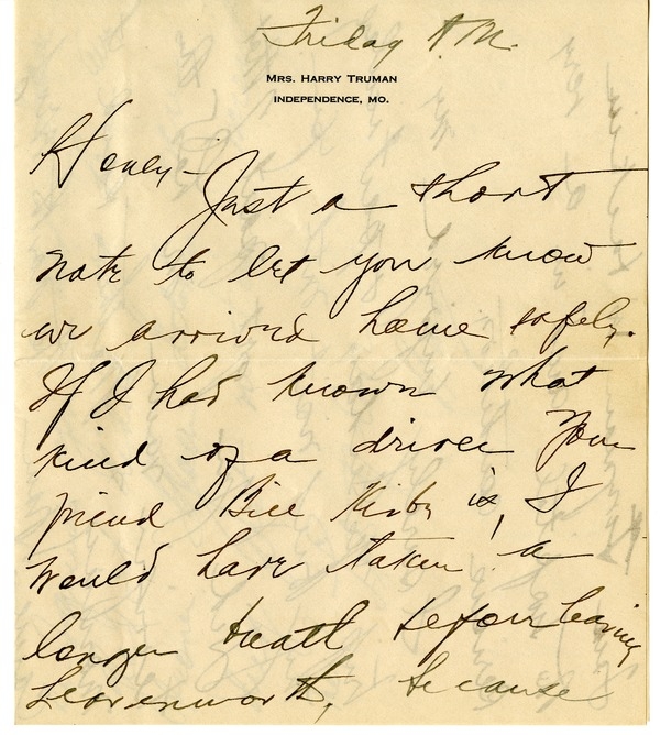 Letter from Bess W. Truman to Harry S. Truman