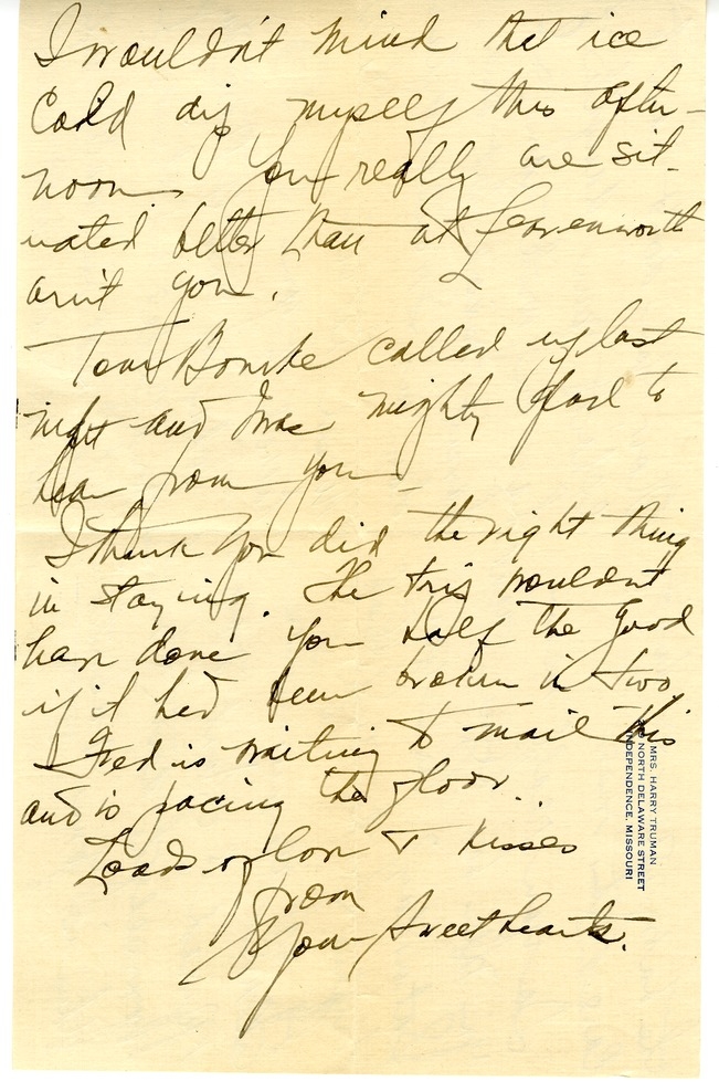 Letter from Bess W. Truman to Harry S. Truman
