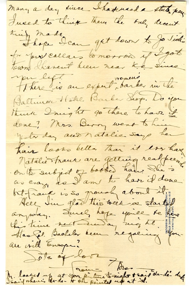 Letter from Bess W. Truman to Harry S. Truman