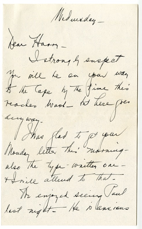 Letter from Bess W. Truman to Harry S. Truman