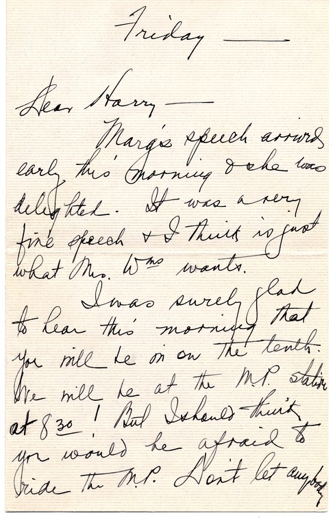 Letter from Bess W. Truman to Harry S. Truman