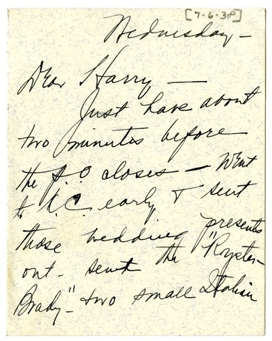 Letter from Bess W. Truman to Harry S. Truman