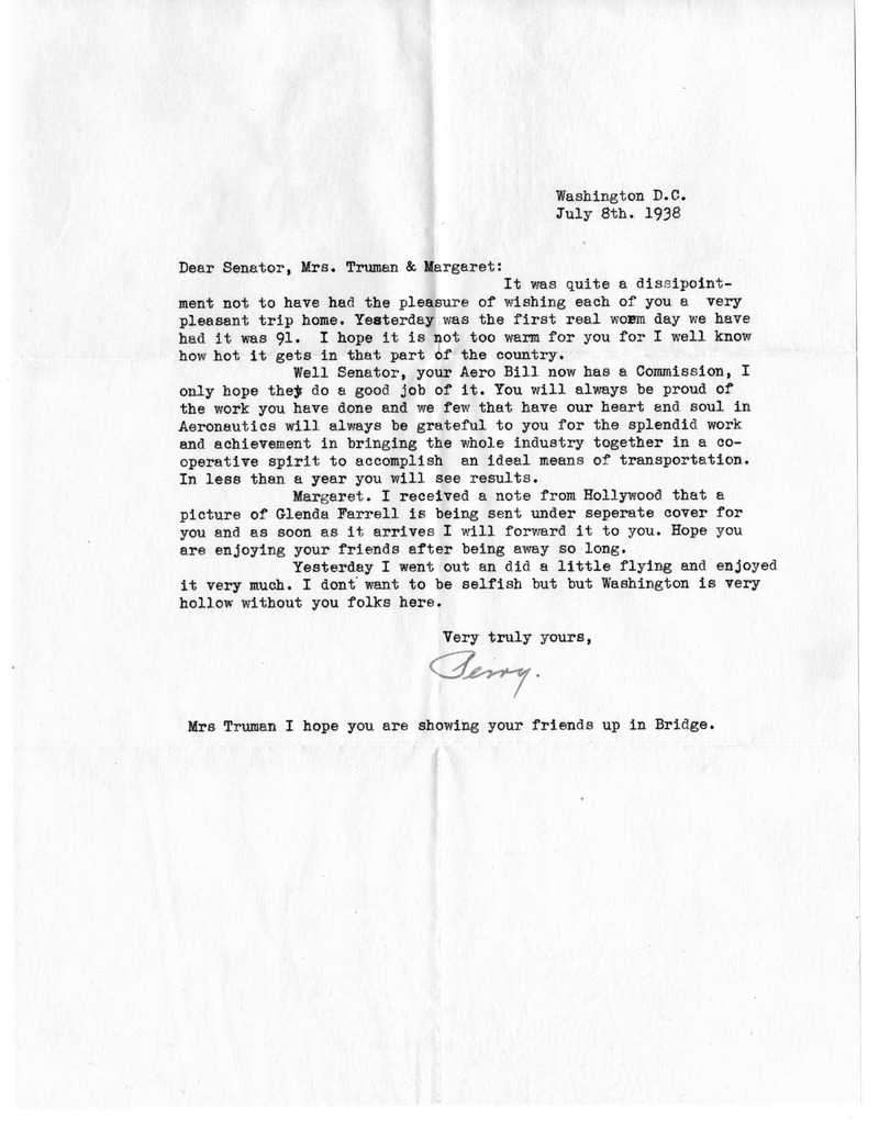 Letter from Bess W. Truman to Harry S. Truman