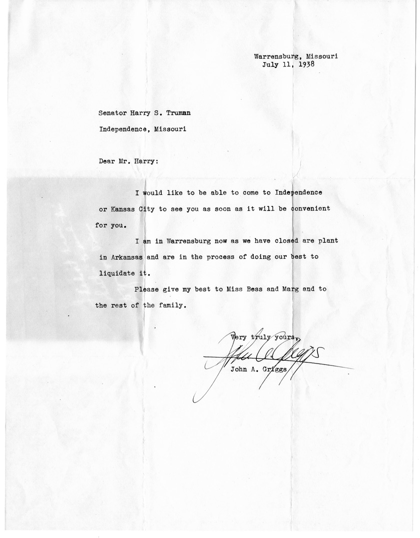 Letter from Bess W. Truman to Harry S. Truman