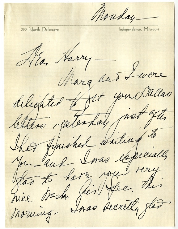 Letter from Bess W. Truman to Harry S. Truman