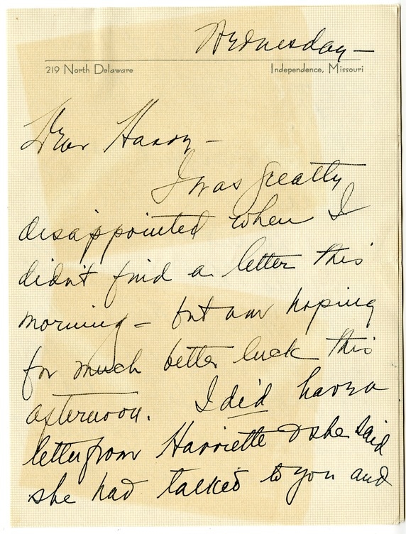 Letter from Bess W. Truman to Harry S. Truman
