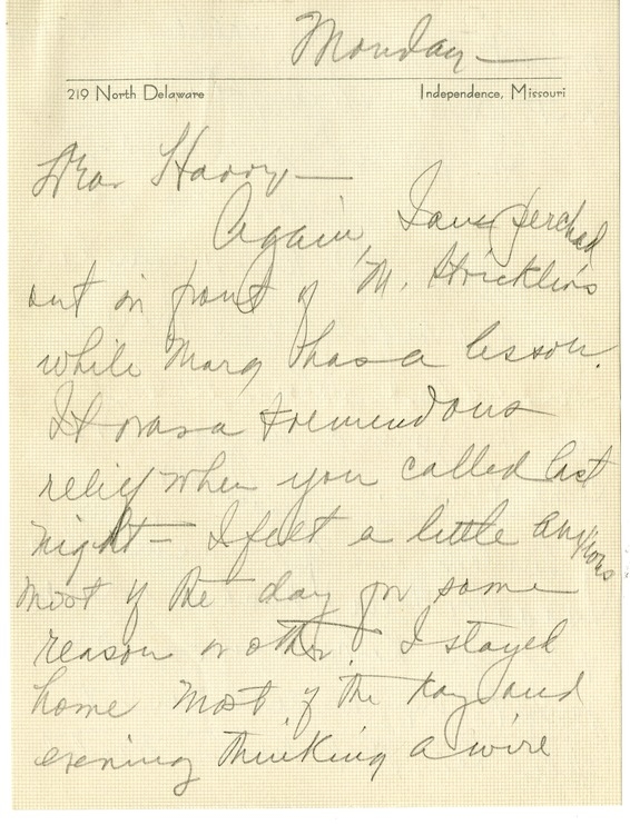Letter from Bess W. Truman to Harry S. Truman