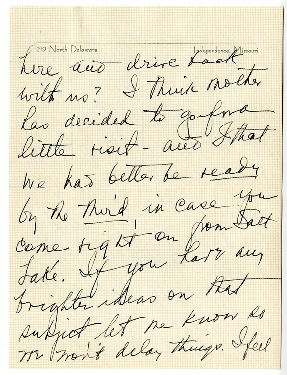 Letter from Bess W. Truman to Harry S. Truman