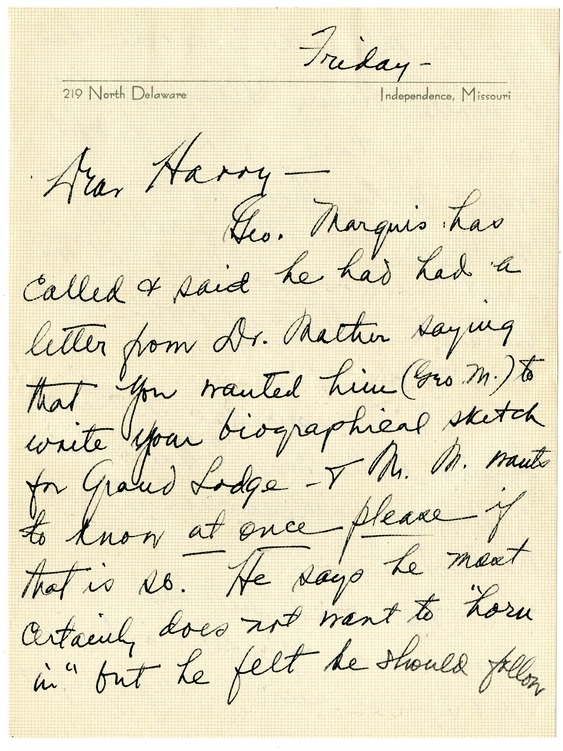 Letter from Bess W. Truman to Harry S. Truman