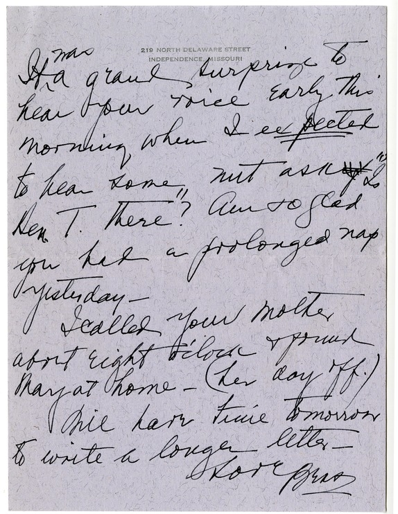 Letter from Bess W. Truman to Harry S. Truman