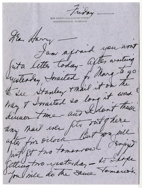 Letter from Bess W. Truman to Harry S. Truman