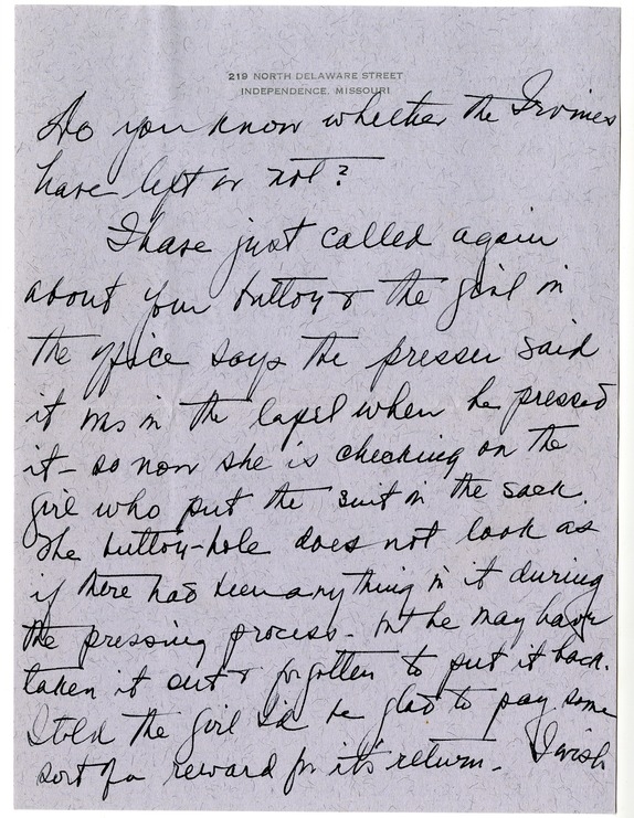 Letter from Bess W. Truman to Harry S. Truman