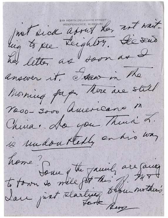 Letter from Bess W. Truman to Harry S. Truman
