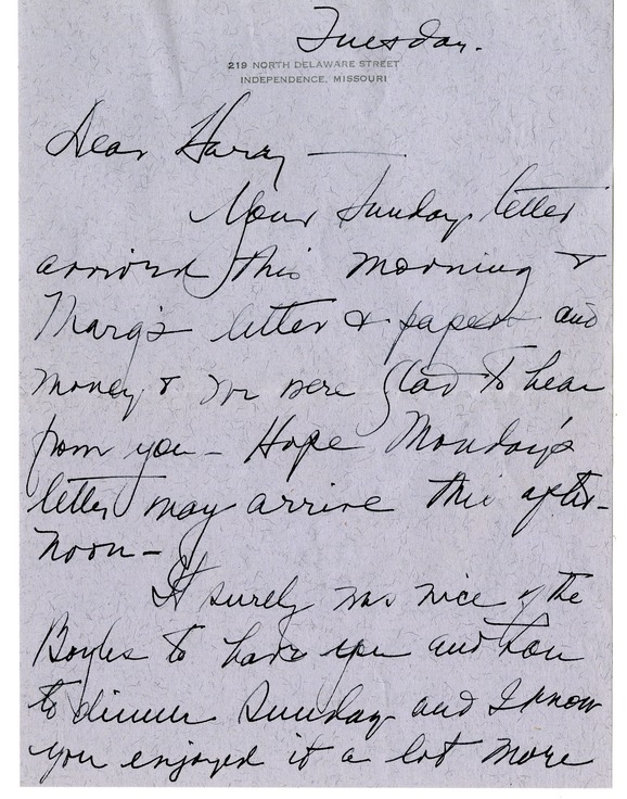 Letter from Bess W. Truman to Harry S. Truman