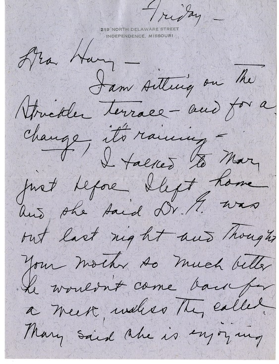 Letter from Bess W. Truman to Harry S. Truman