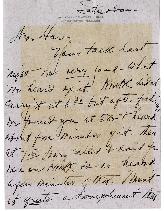 Letter from Bess W. Truman to Harry S. Truman