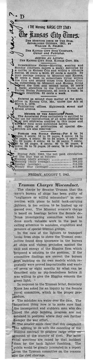 Letter from Bess W. Truman to Harry S. Truman