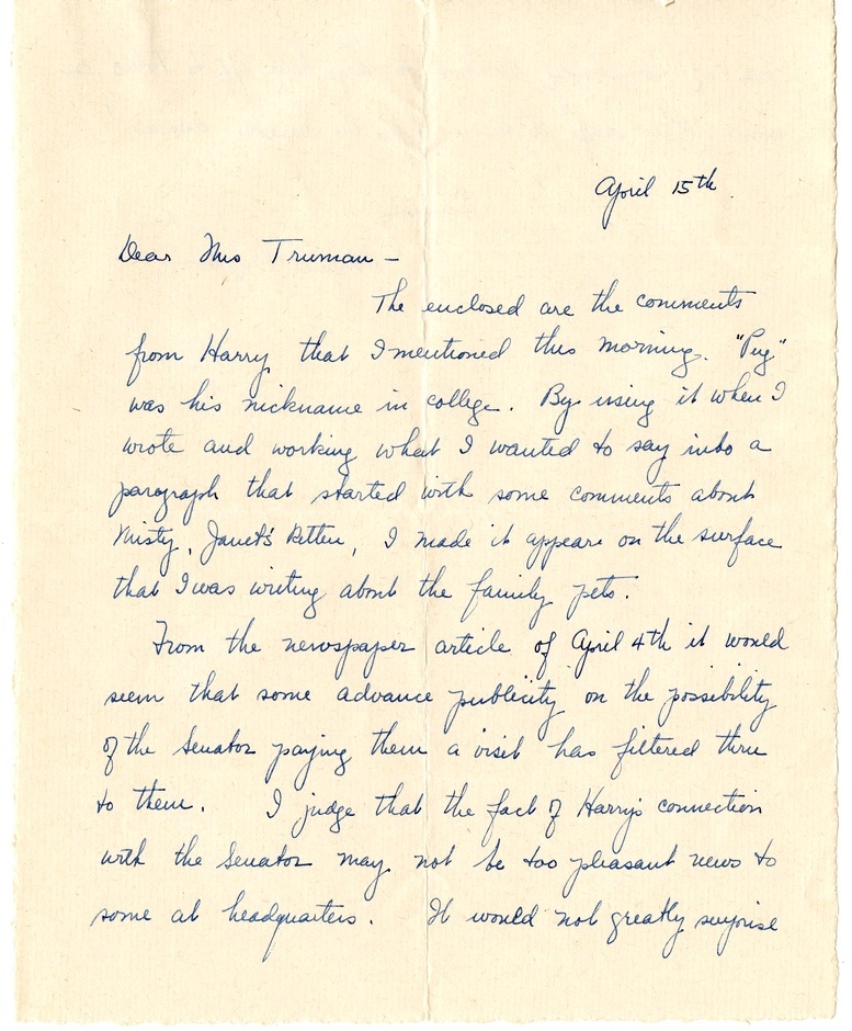 Letter from Bess W. Truman to Harry S. Truman
