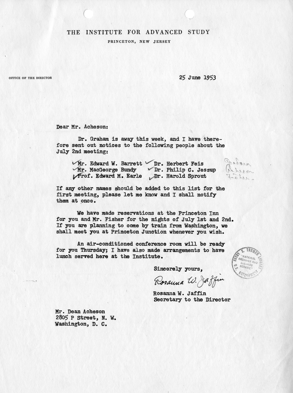 Letter from Rosanna W. Jaffin to Dean Acheson