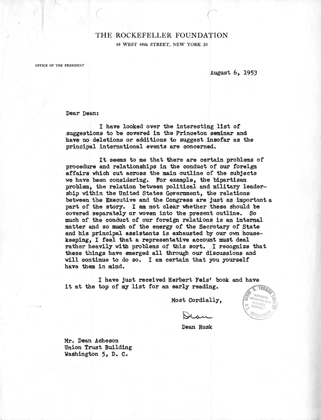 Letter from Dean Rusk to Dean Acheson