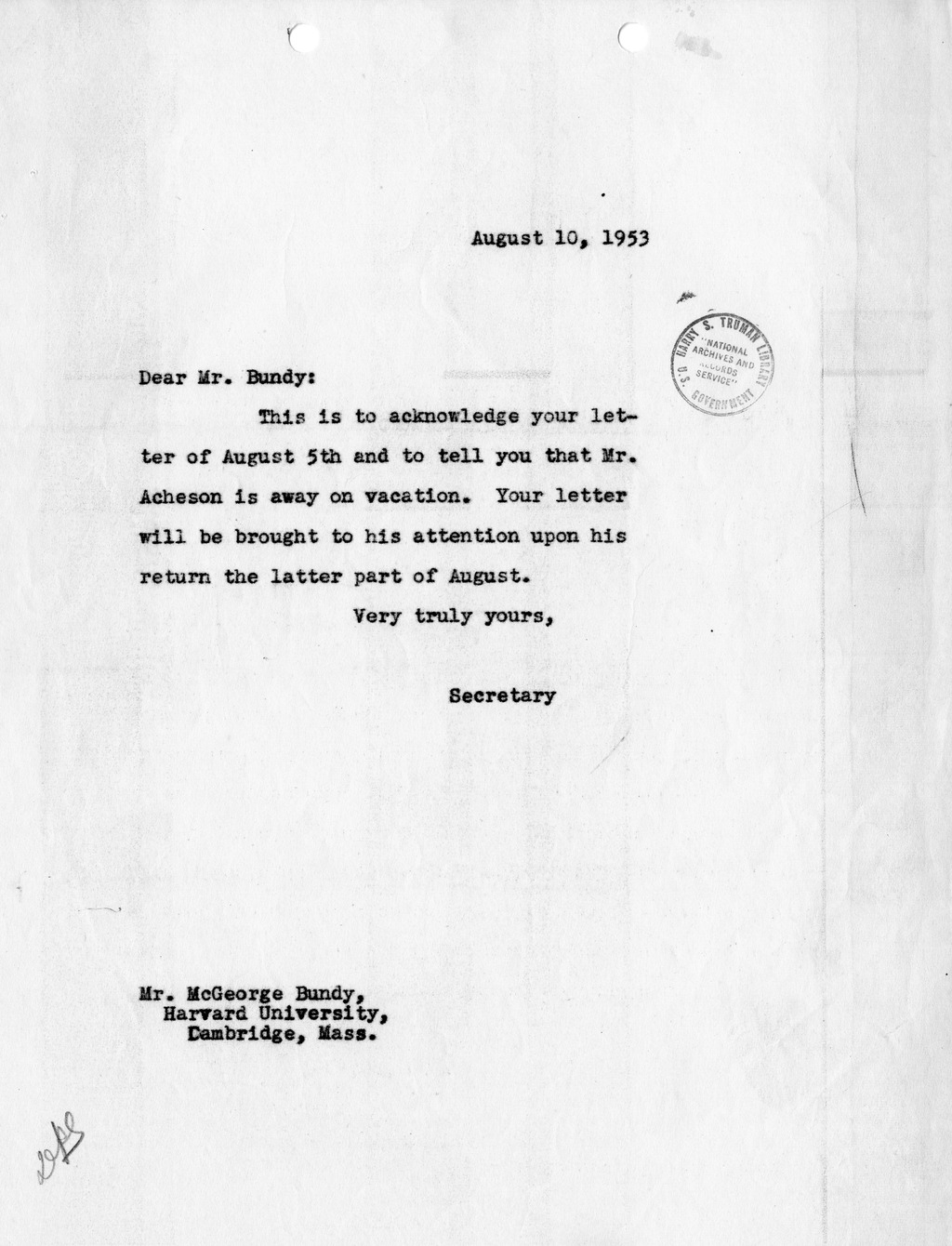 Letter from Barbara Evans to McGeorge Bundy