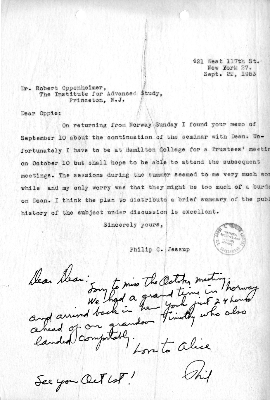 Letter from Philip Jessup to J. Robert Oppenheimer, with Handwritten Postscript to Dean Acheson