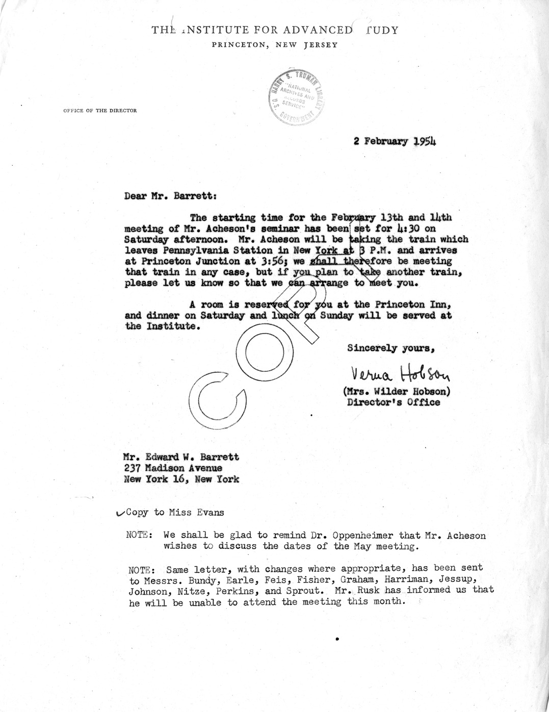 Correspondence between Rosanna Jaffin, Edward Barrett, Dean Acheson, Harold Stein, James Rosenau and George Graham, With Attachments