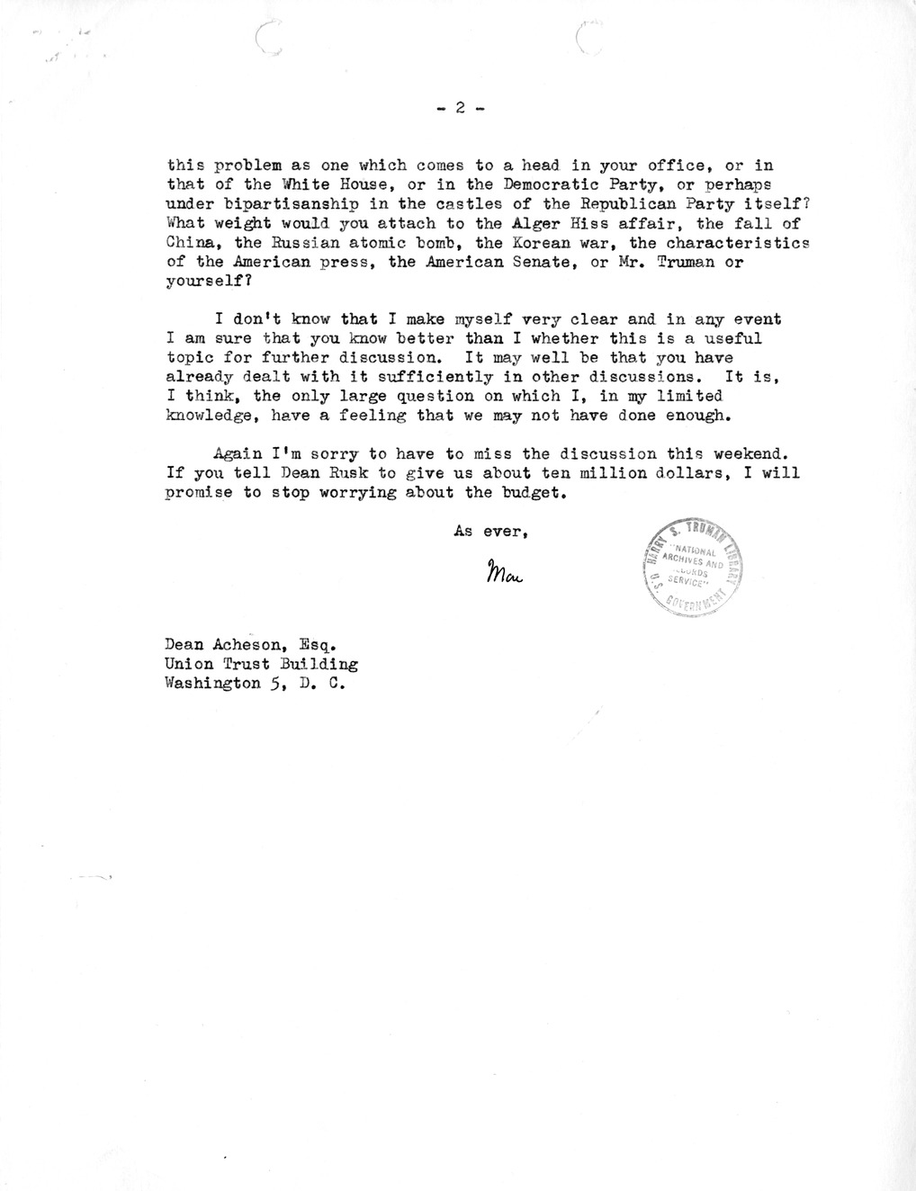 Letter from McGeorge Bundy to Dean Acheson