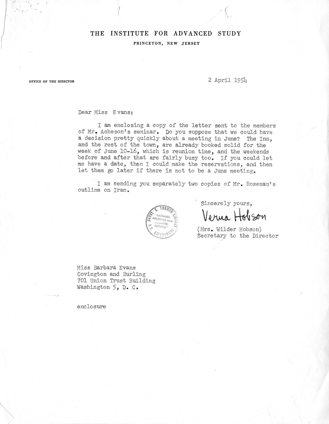 Letter from Verna Hobson to Barbara Evans with Attached Note from Barbara Evans to Dean Acheson