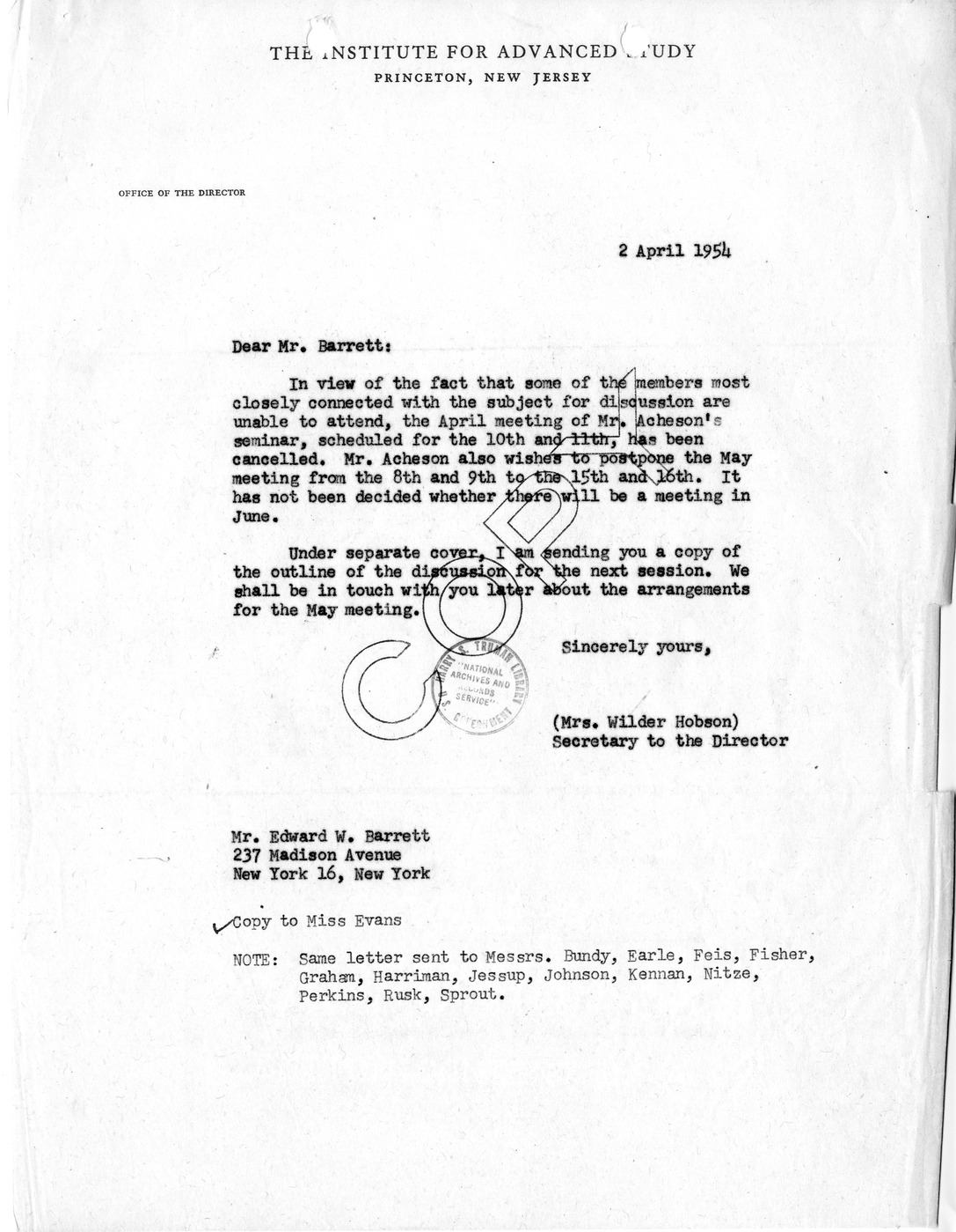 Letter from to Verna Hobson to Edward Barrett, with Copy to Barbara Evans
