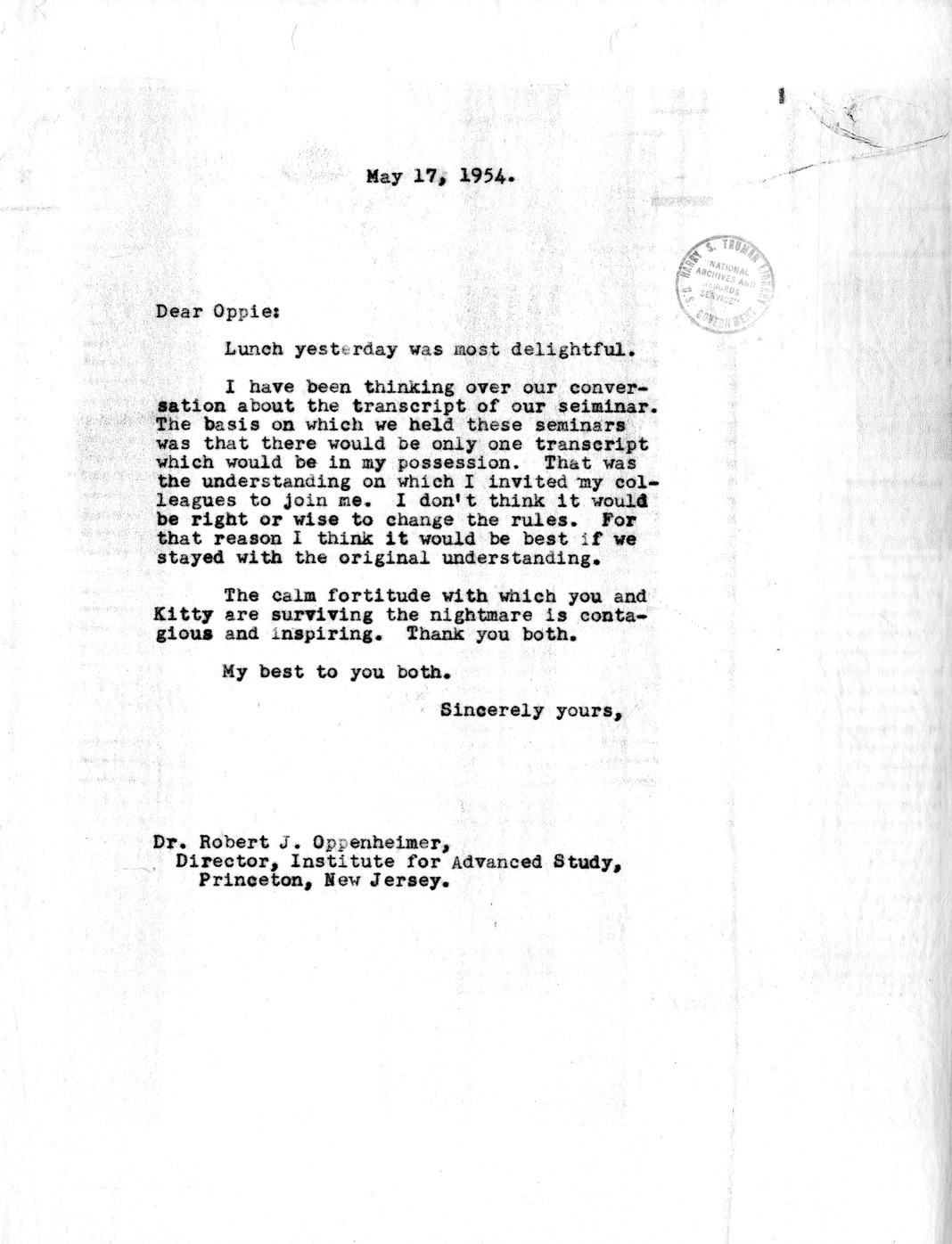 Letter from Dean Acheson to J. Robert Oppenheimer