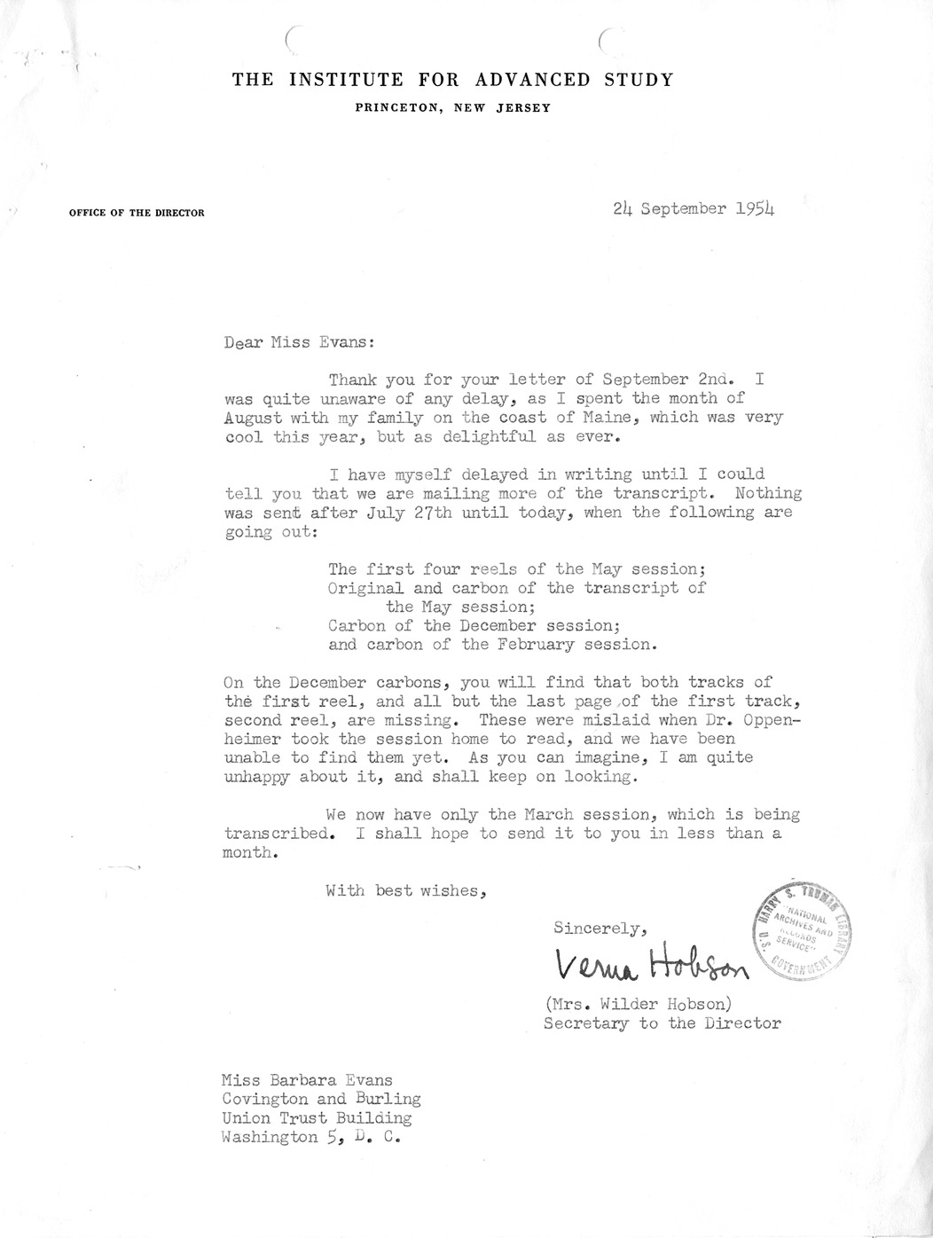Correspondence Between Verna Hobson, Barbara Evans, Robert Oppenheimer, Dean Acheson,