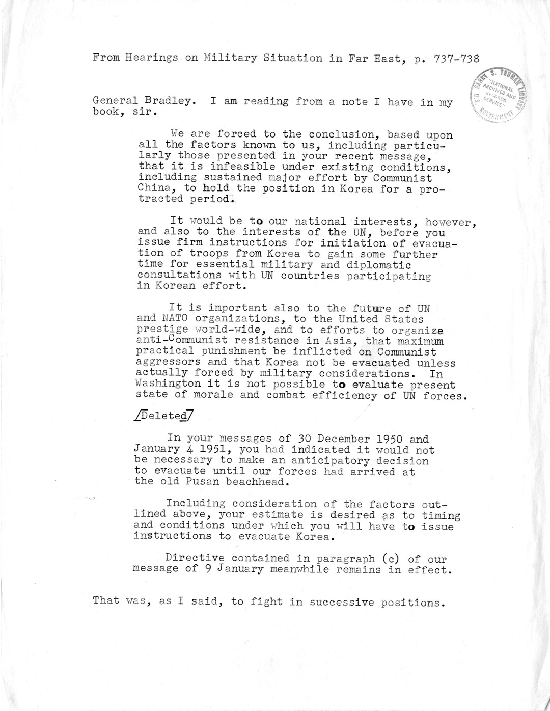 Memorandum, From Hearings on Military Situation in Far East