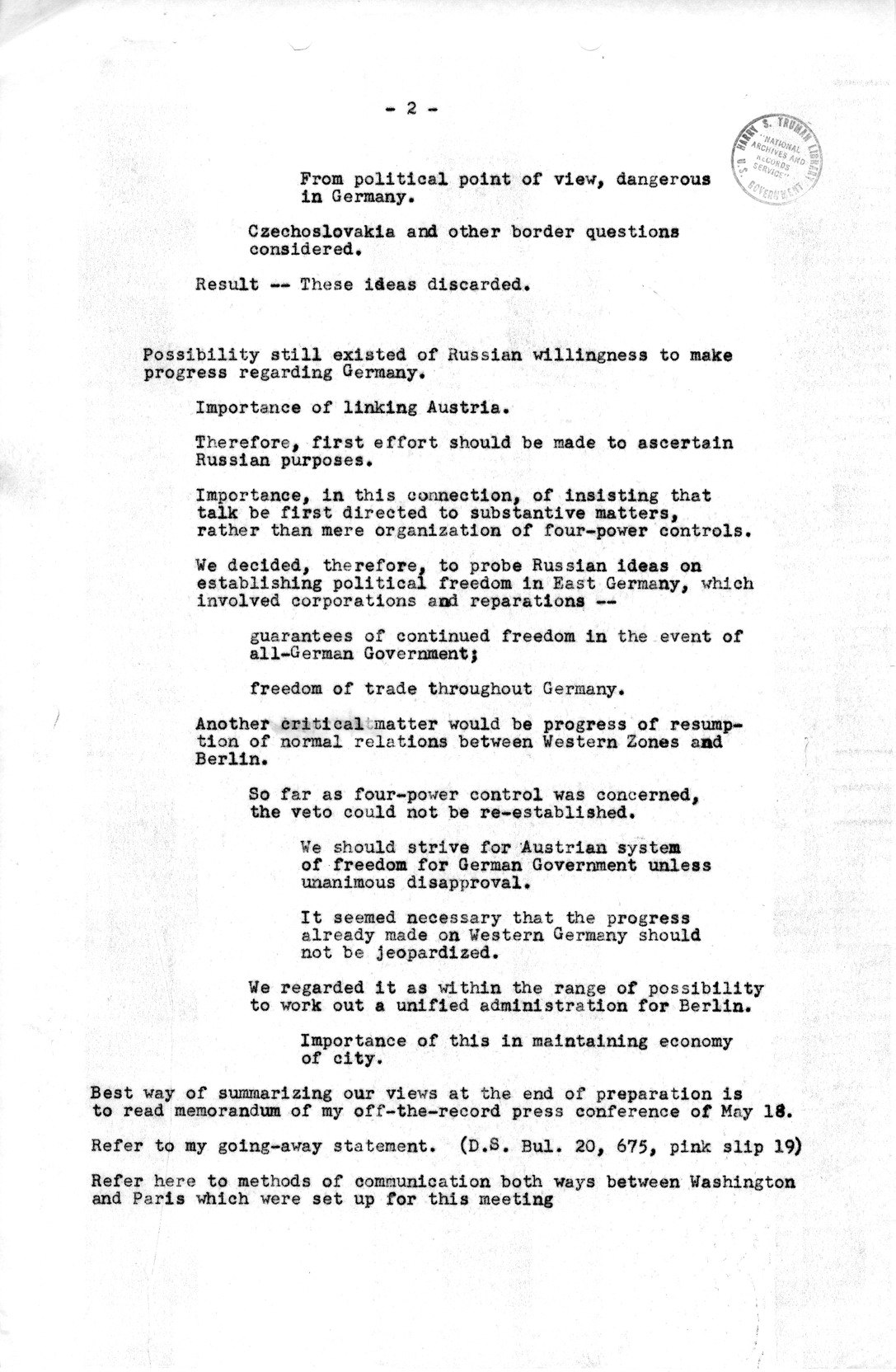 Notes for Discussion of the Council of Foreign Ministers
