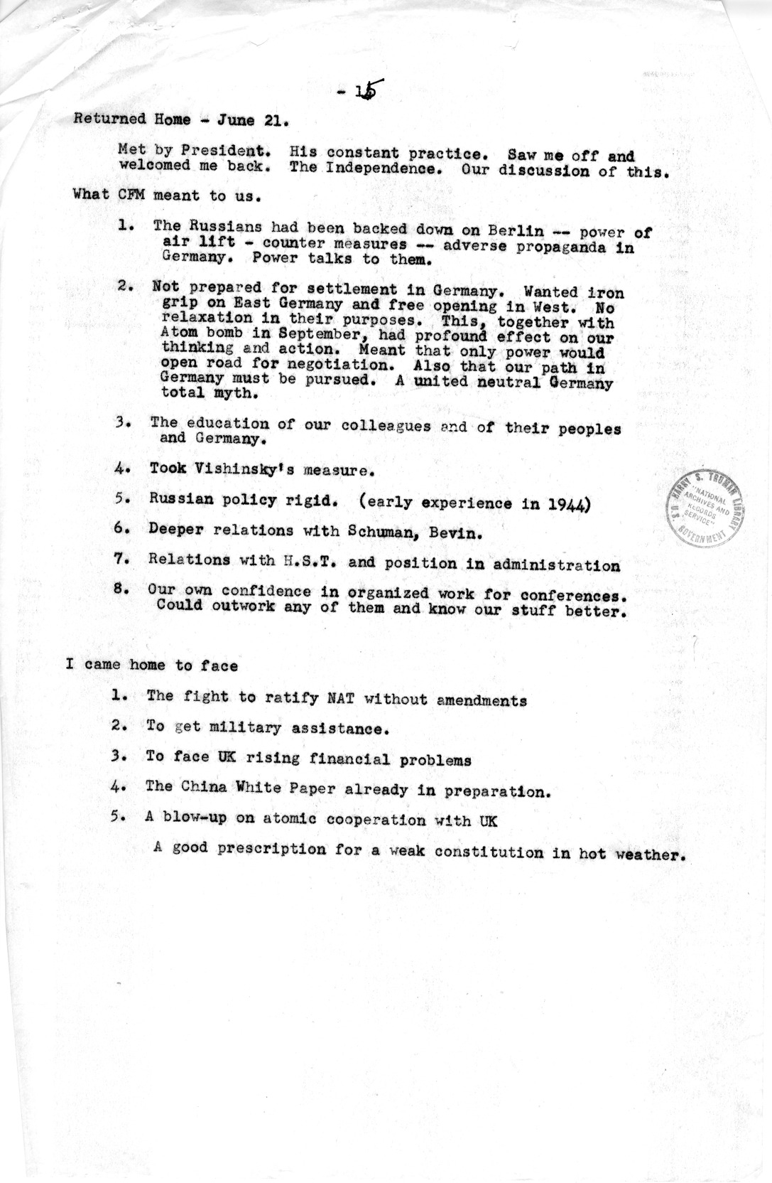 Notes for Discussion of the Council of Foreign Ministers