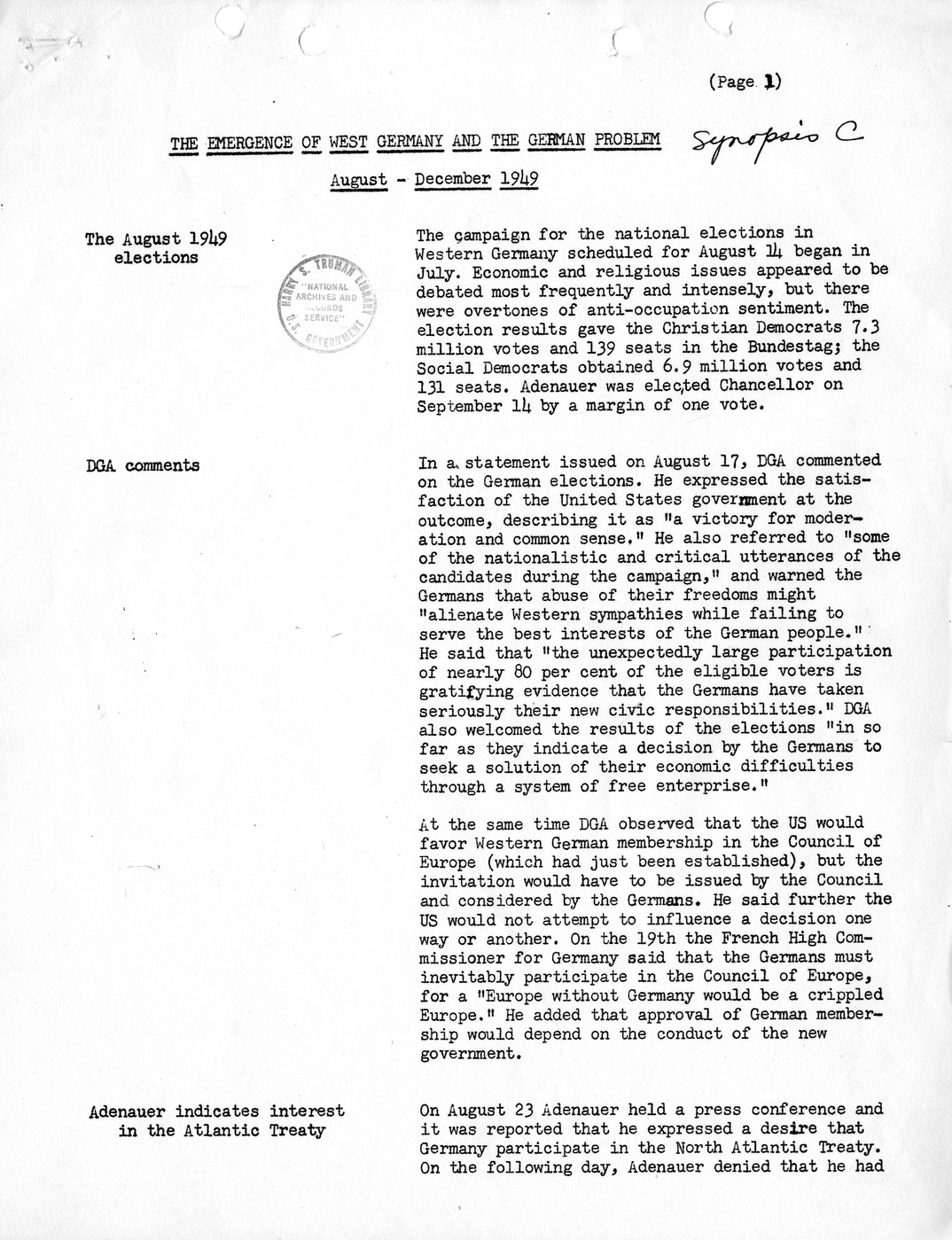 Synopsis C, The Emergence of West Germany and the German Problem, August-December, 1949