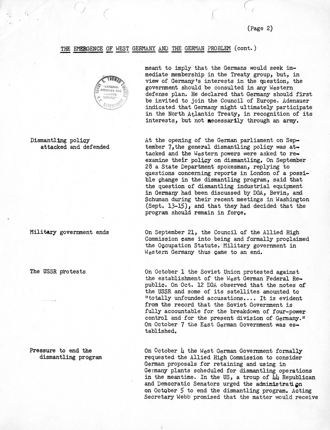 Synopsis C, The Emergence of West Germany and the German Problem, August-December, 1949