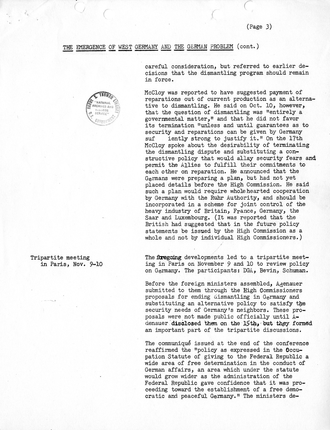 Synopsis C, The Emergence of West Germany and the German Problem, August-December, 1949