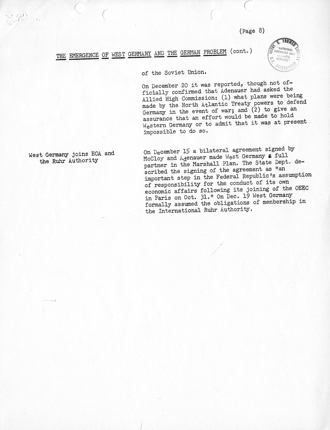 Synopsis C, The Emergence of West Germany and the German Problem, August-December, 1949