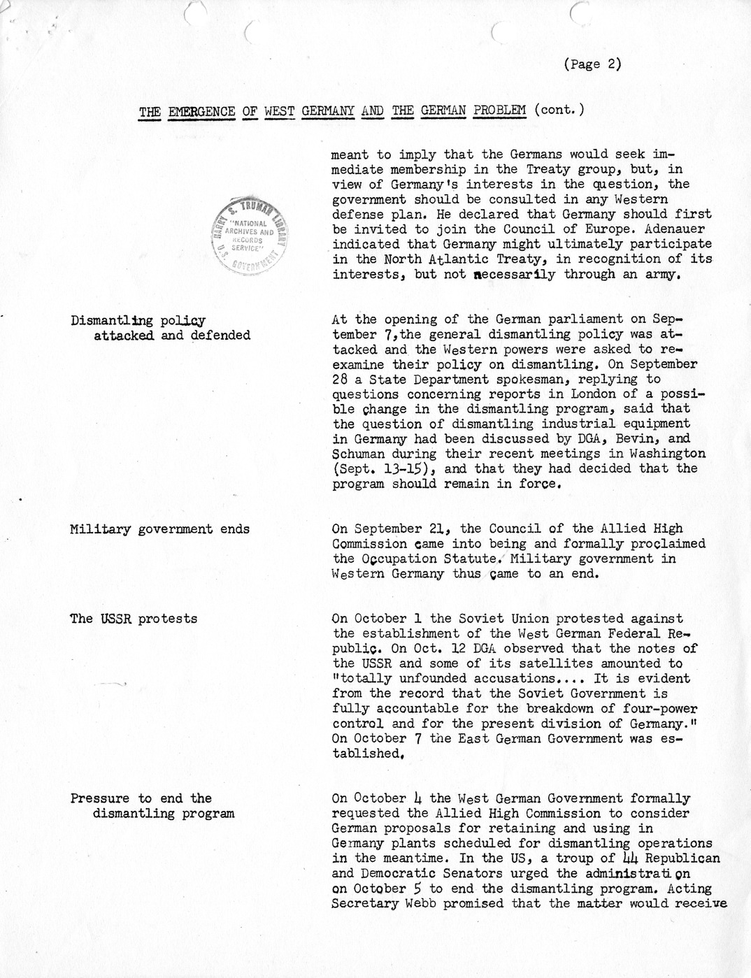 Synopsis C, The Emergence of West Germany and the German Problem, August-December 1949