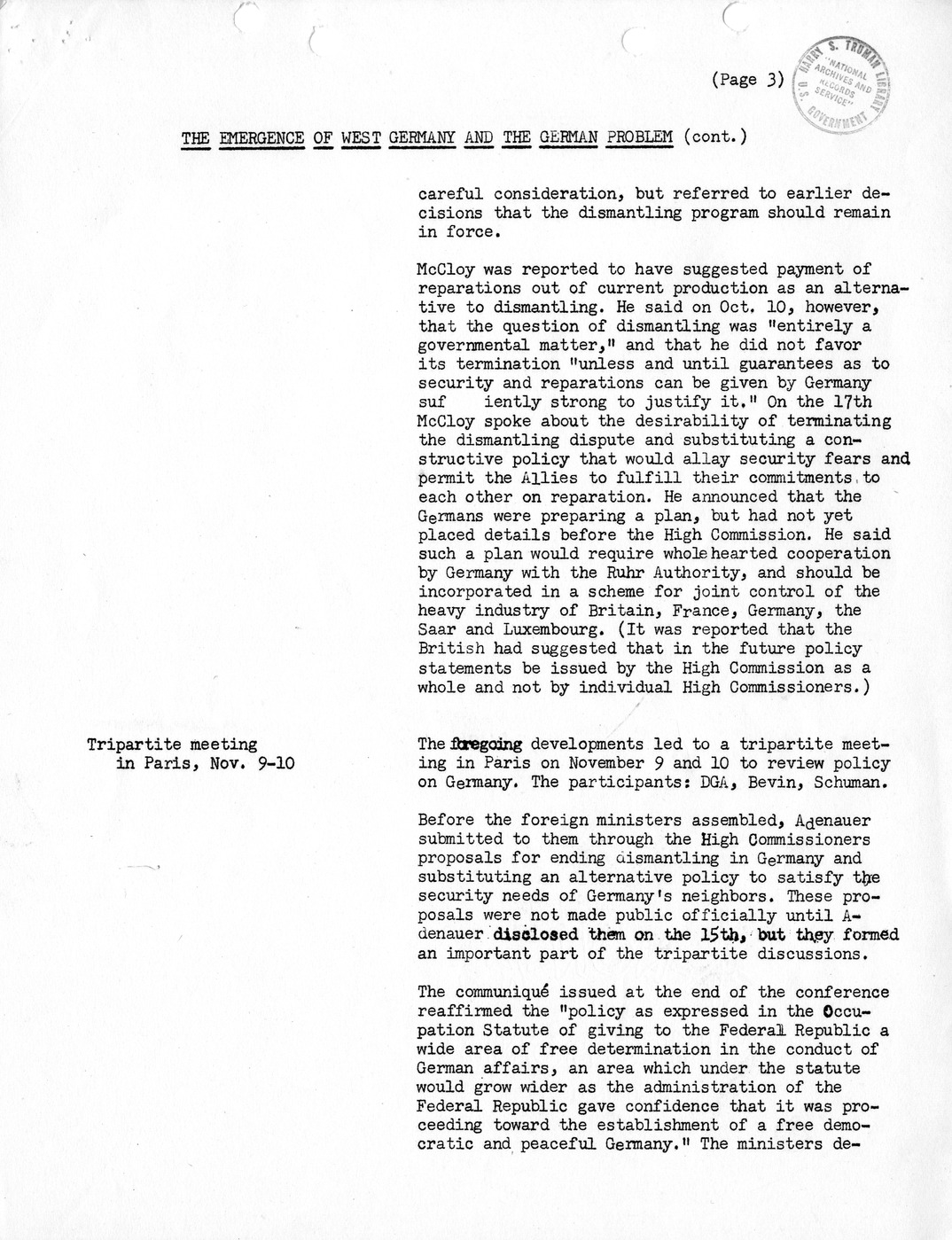 Synopsis C, The Emergence of West Germany and the German Problem, August-December 1949