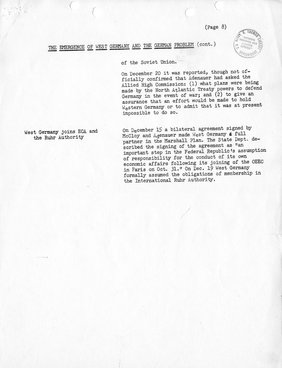 Synopsis C, The Emergence of West Germany and the German Problem, August-December 1949