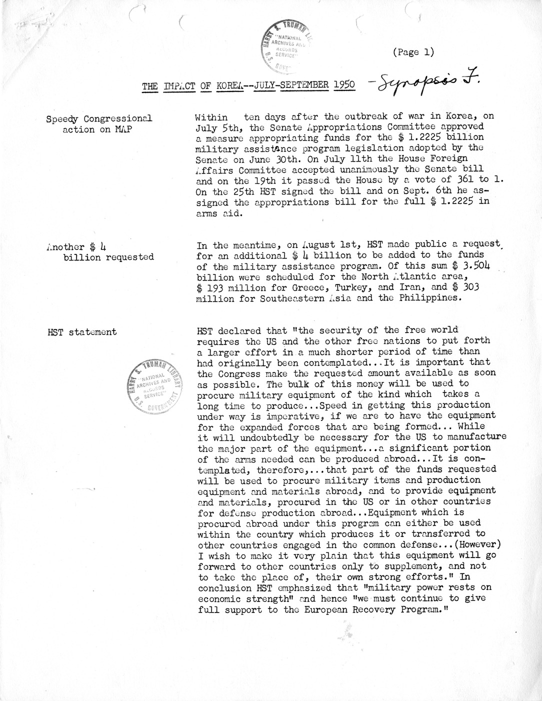 Synopsis F, The Impact of Korea, July-September, 1950