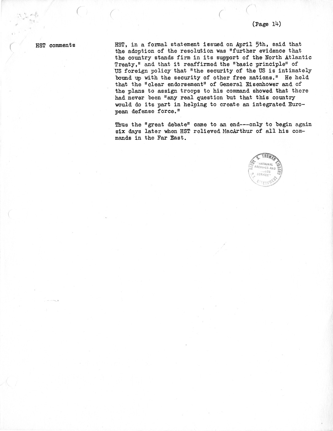 Synopsis H, "The Great Debate" and Troops to Europe, December 1950-April 1951