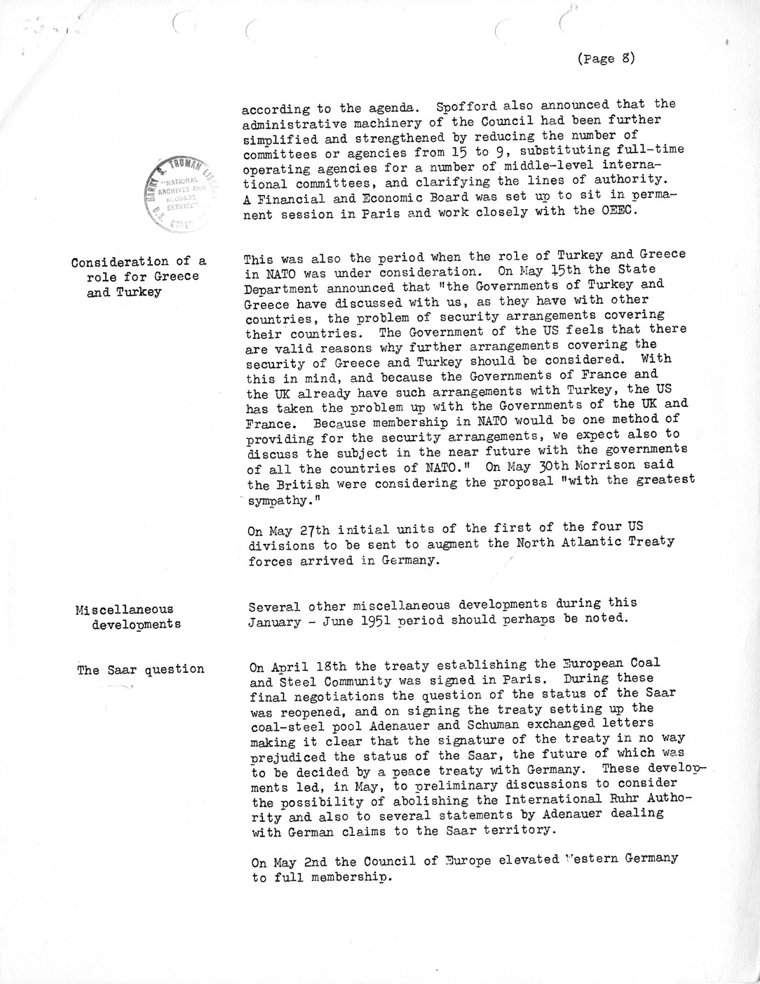 SYNOPSIS I, Miscellaneous Developments in Europe, January-June 1951