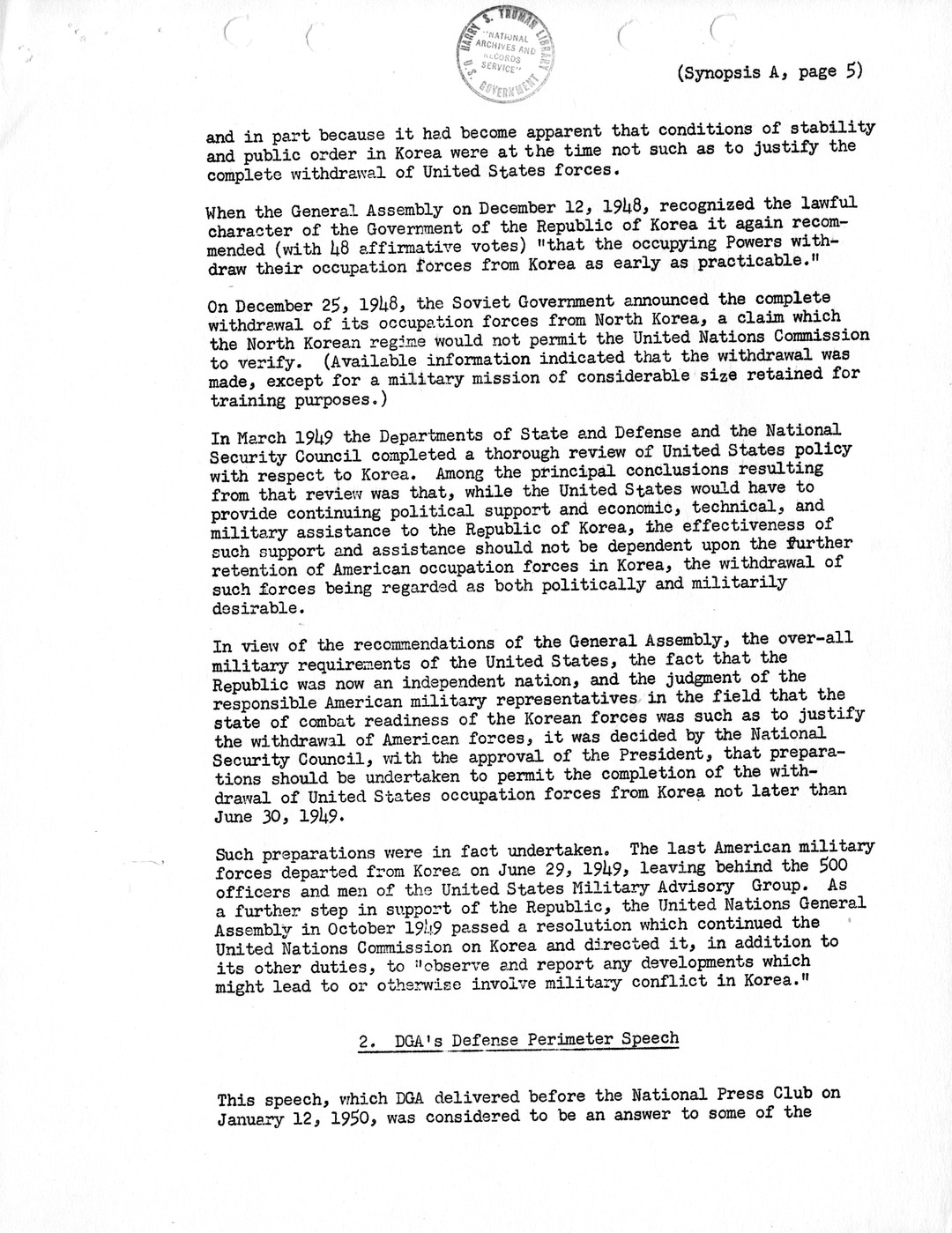 Synopsis A, Korea - Developments Prior to Mid-1950