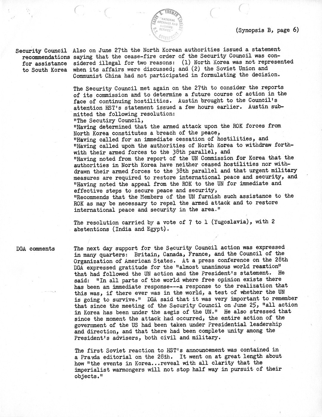 Synopsis B, Korea - The Outbreak of War, June-July 1950